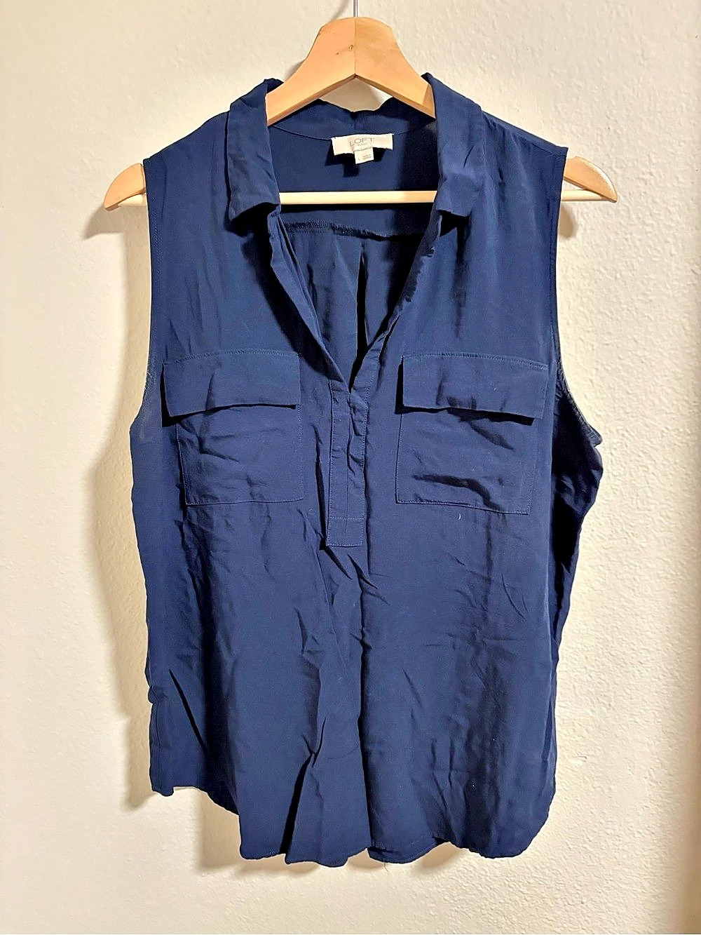 Blue LOFT Sleeveless Button Front Blouse, Size L